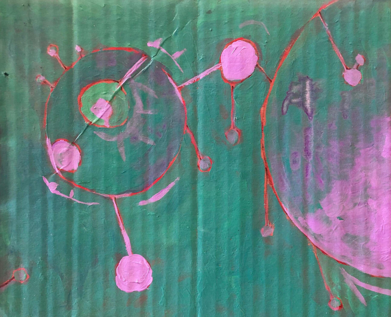 Teal, Lavender, and Orange fairy trap acrylic on cardboard